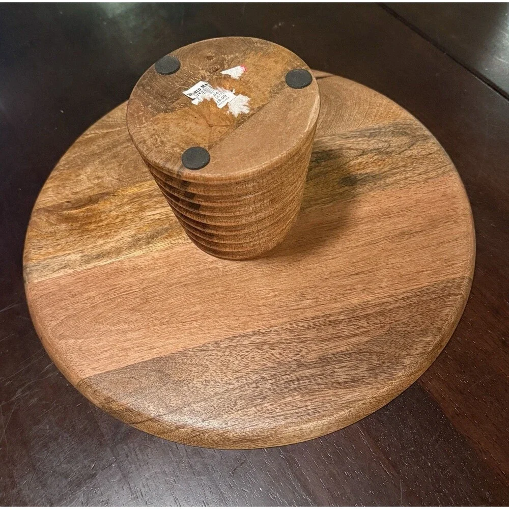 13” Mango Wood Round Ribbed Pedestal Cake Stand Serving Made in India World Mkt